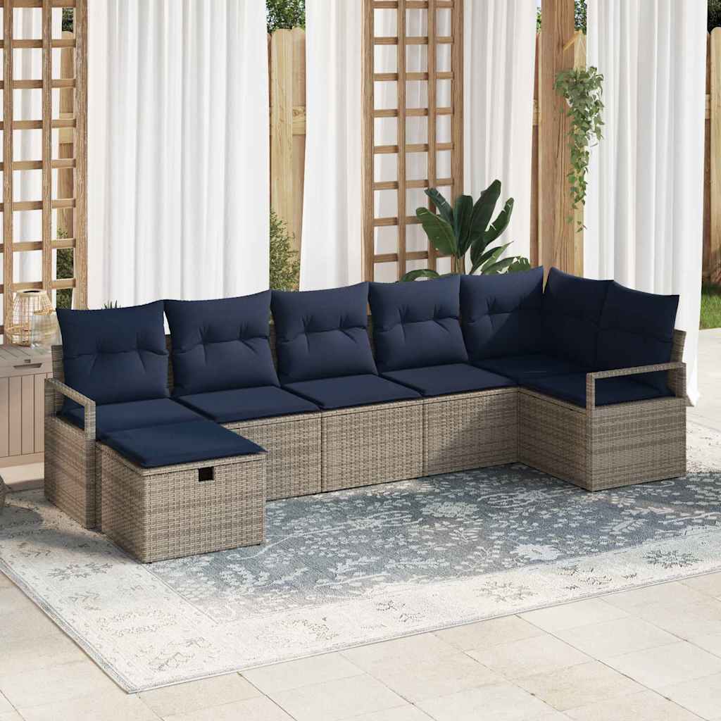 Sofa Set mit Kissen 7 pcs Grau und Marineblau Poly-Rattan