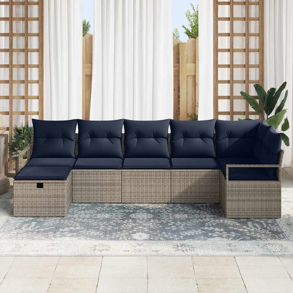 Sofa Set mit Kissen 7 pcs Grau und Marineblau Poly-Rattan
