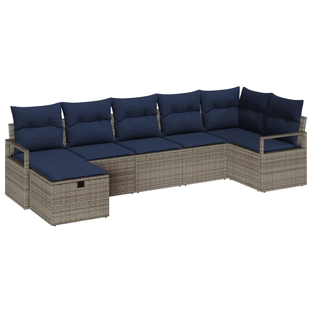 Sofa Set mit Kissen 7 pcs Grau und Marineblau Poly-Rattan