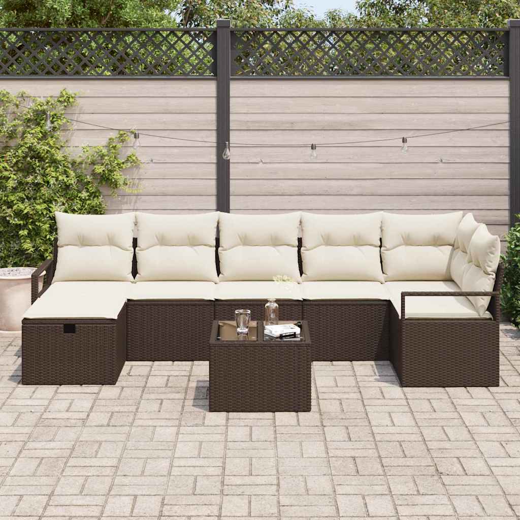 Sofa Set mit Kissen 8 pcs Braun und Creme Poly-Rattan