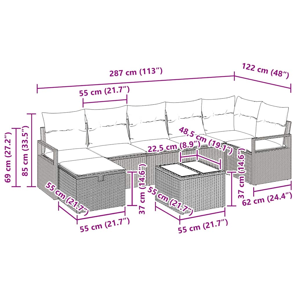 Sofa Set mit Kissen 8 pcs Braun und Creme Poly-Rattan