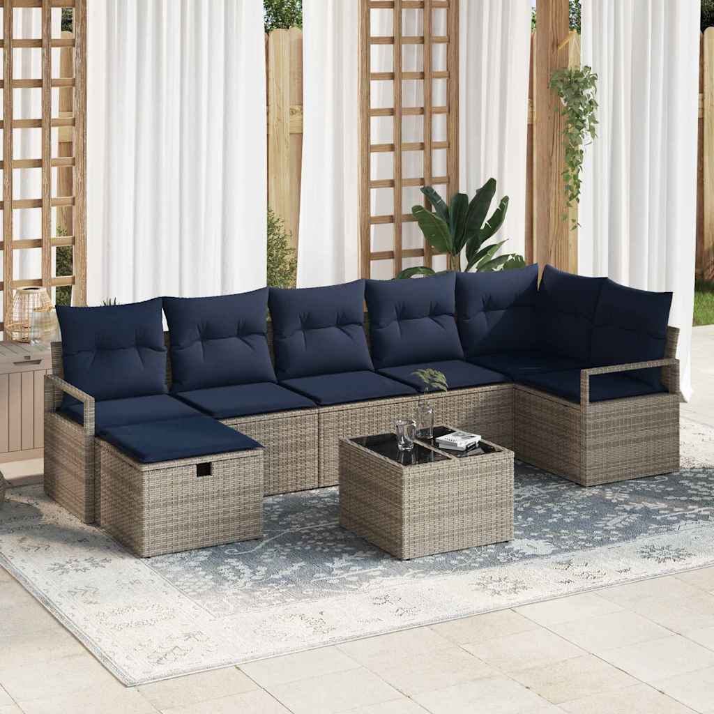 Sofa Set mit Kissen 8 pcs Grau und Marineblau Poly-Rattan