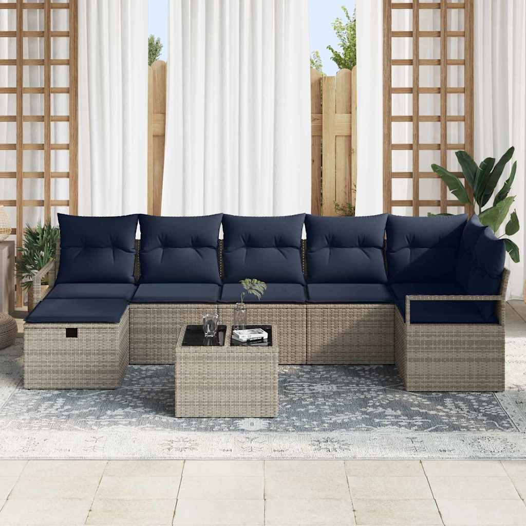 Sofa Set mit Kissen 8 pcs Grau und Marineblau Poly-Rattan