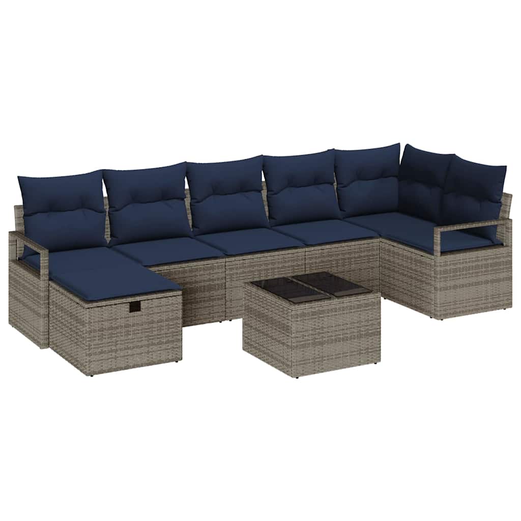 Sofa Set mit Kissen 8 pcs Grau und Marineblau Poly-Rattan
