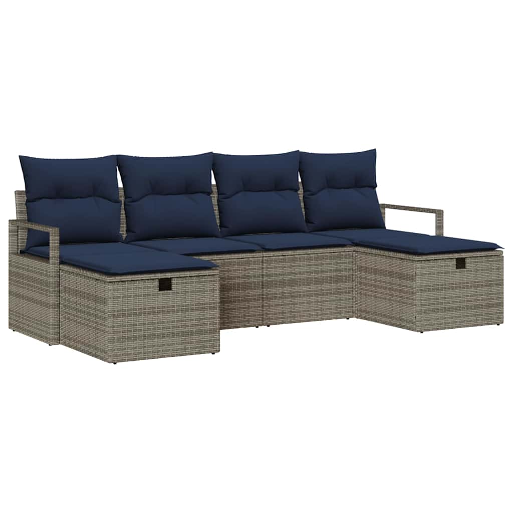 Sofa Set mit Kissen 6 pcs Grau und Marineblau Poly-Rattan
