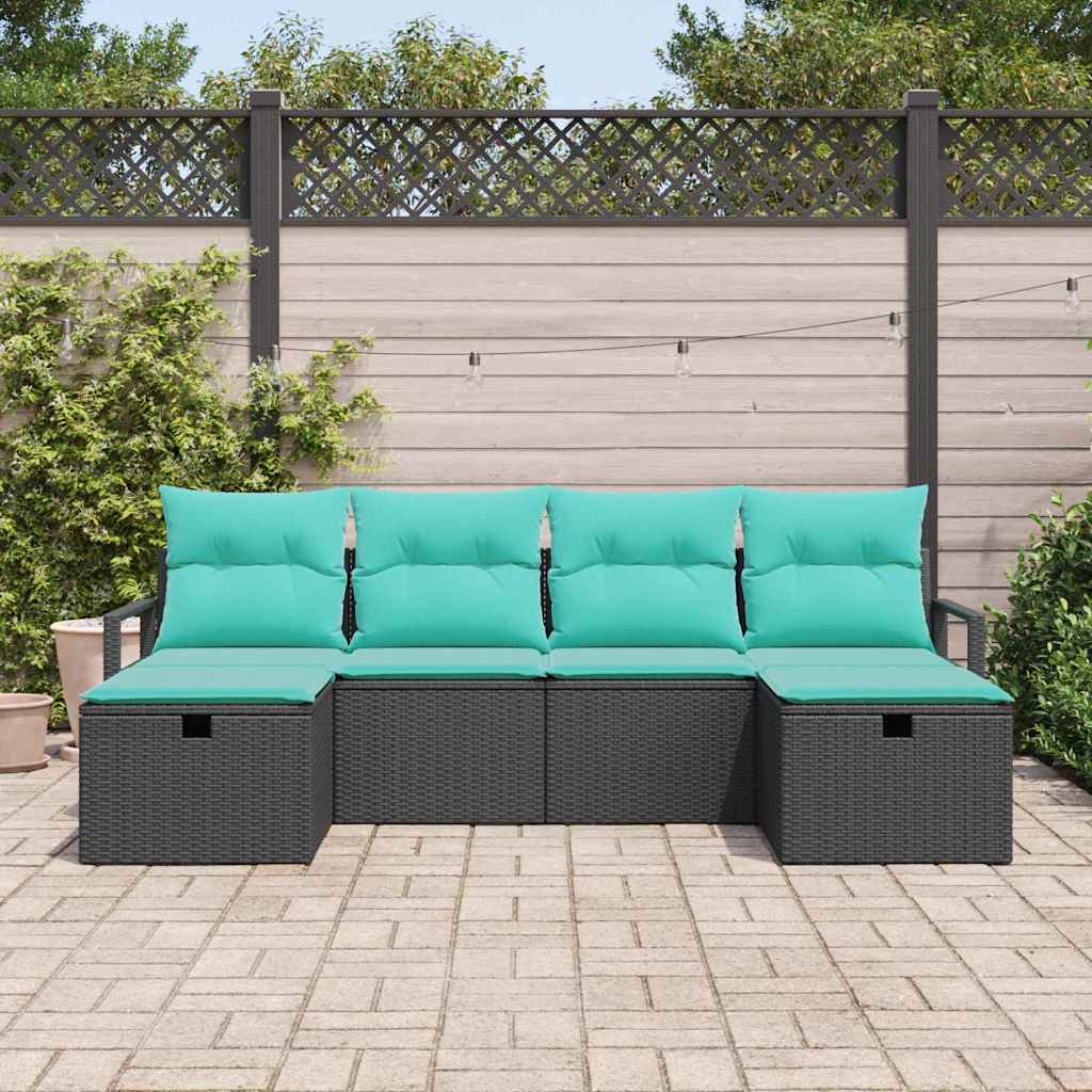 Sofa Set mit Kissen 6 pcs Schwarz und Türkis Poly-Rattan