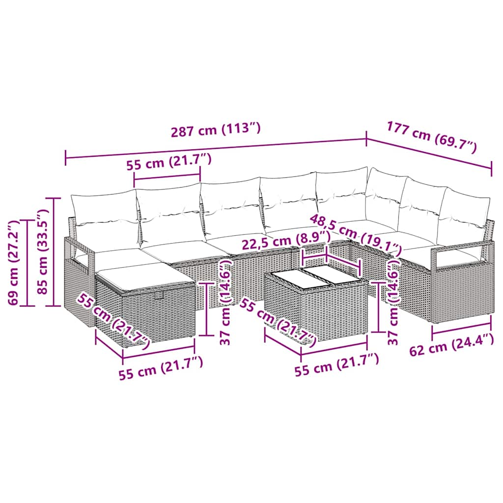 Sofa Set mit Kissen mit Speicher 9 pcs Schwarz Poly-Rattan