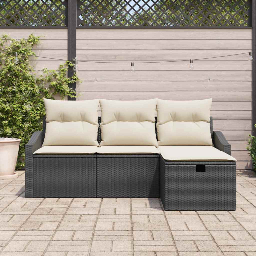 Sofa Set mit Kissen mit Speicher 4 pcs Schwarz Poly-Rattan