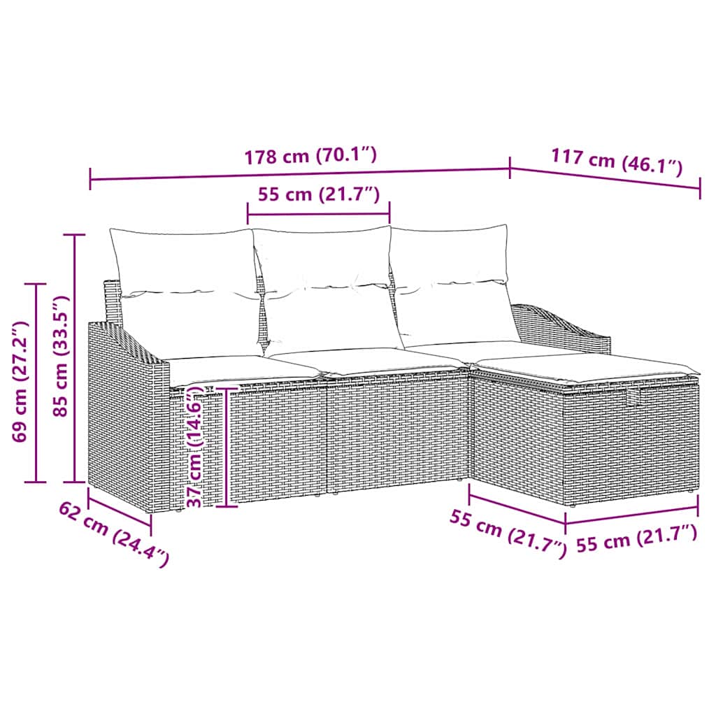 Sofa Set mit Kissen mit Speicher 4 pcs Schwarz Poly-Rattan