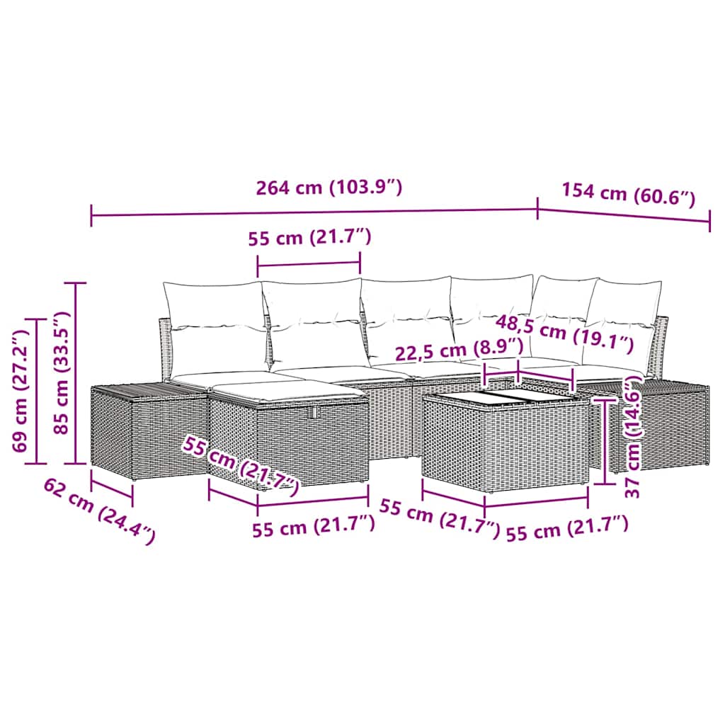 Gartensofa-set mit Kissen 7 pcs Braun Poly-Rattan