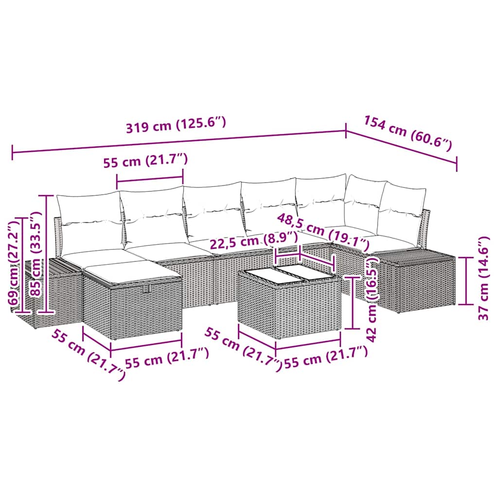 Gartensofa-set mit Kissen 8 pcs Beige Poly-Rattan