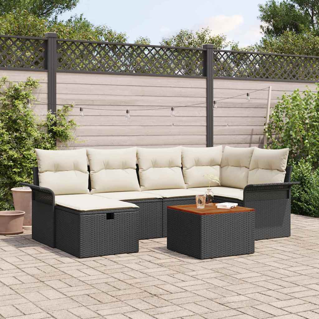 Gartensofa-set mit Kissen 7 pcs Schwarz Poly-Rattan