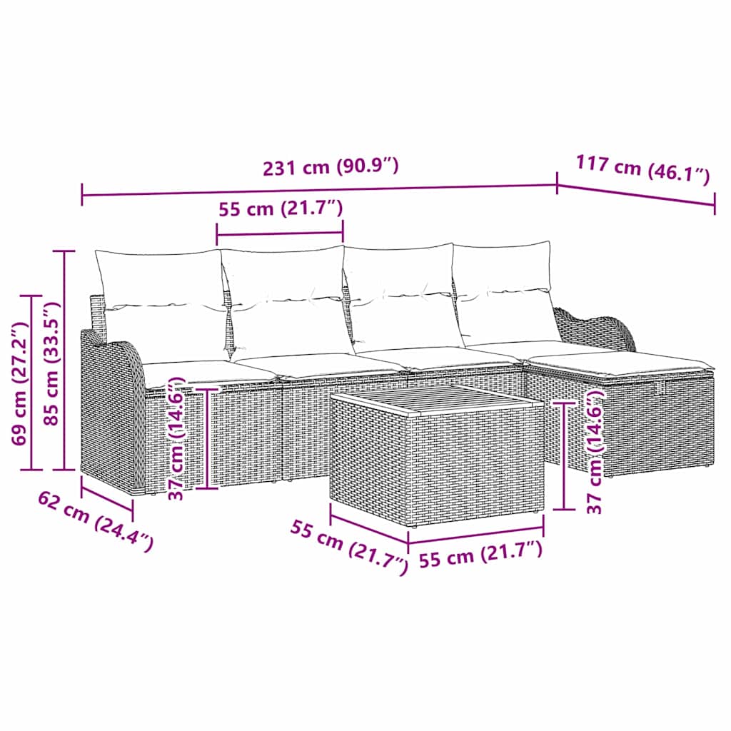 Gartensofa-set mit Kissen mit Speicher 6 pcs Beige Poly-Rattan