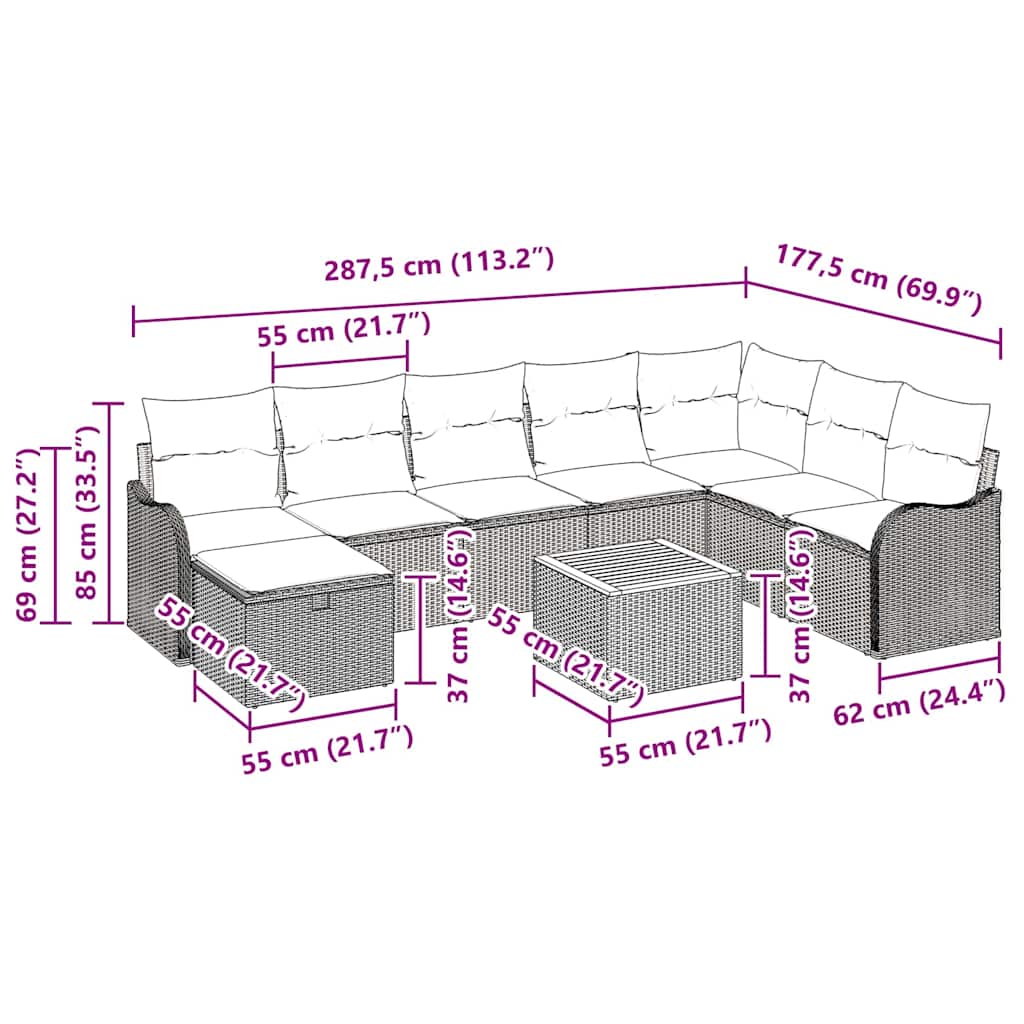 Gartensofa-set mit Kissen mit Speicher 9 pcs Beige Poly-Rattan