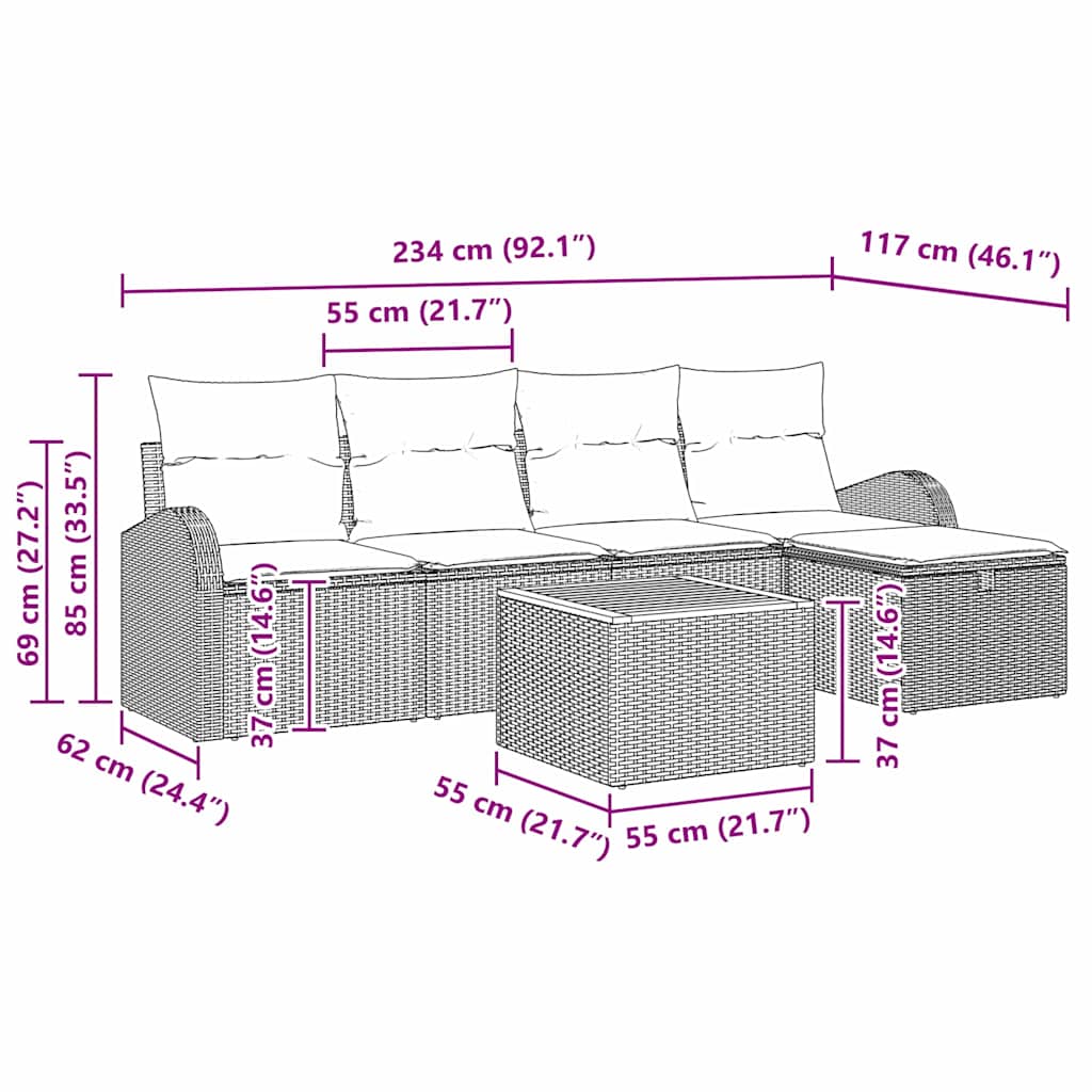 Gartensofa-set mit Kissen mit Speicher 6 pcs Grau Poly-Rattan