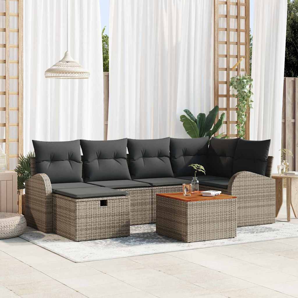 Gartensofa-set mit Kissen mit Speicher 7 pcs Grau Poly-Rattan