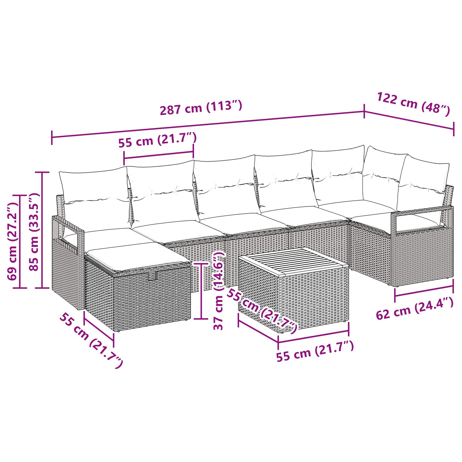 Gartensofa-set mit Kissen 8 pcs Schwarz Poly-Rattan