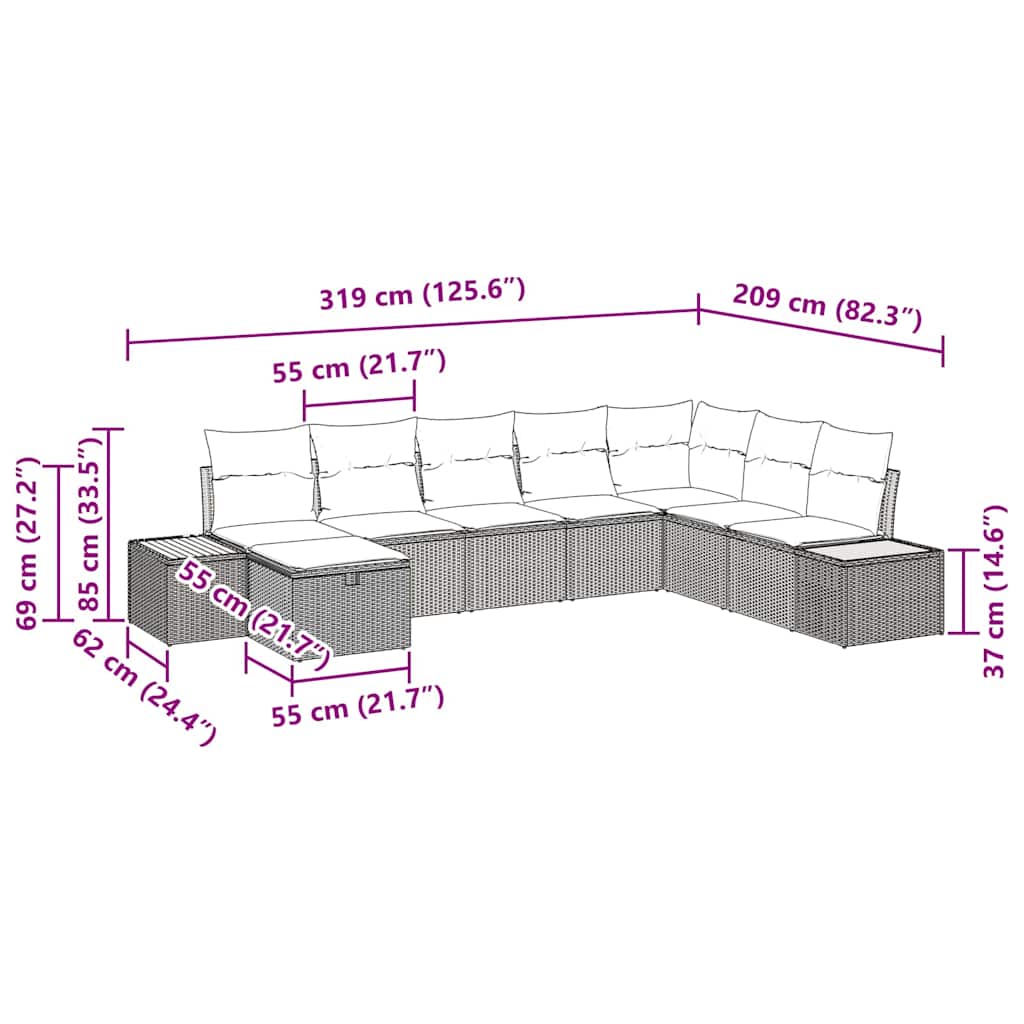 Gartensofa-set mit Kissen 9 pcs Beige Poly-Rattan