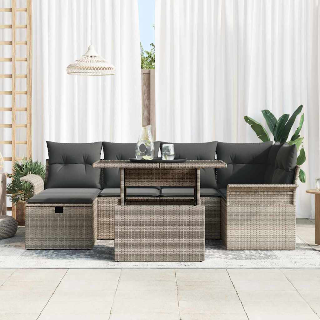 Gartensofa-set mit Kissen mit Speicher 7 pcs Grau Poly-Rattan