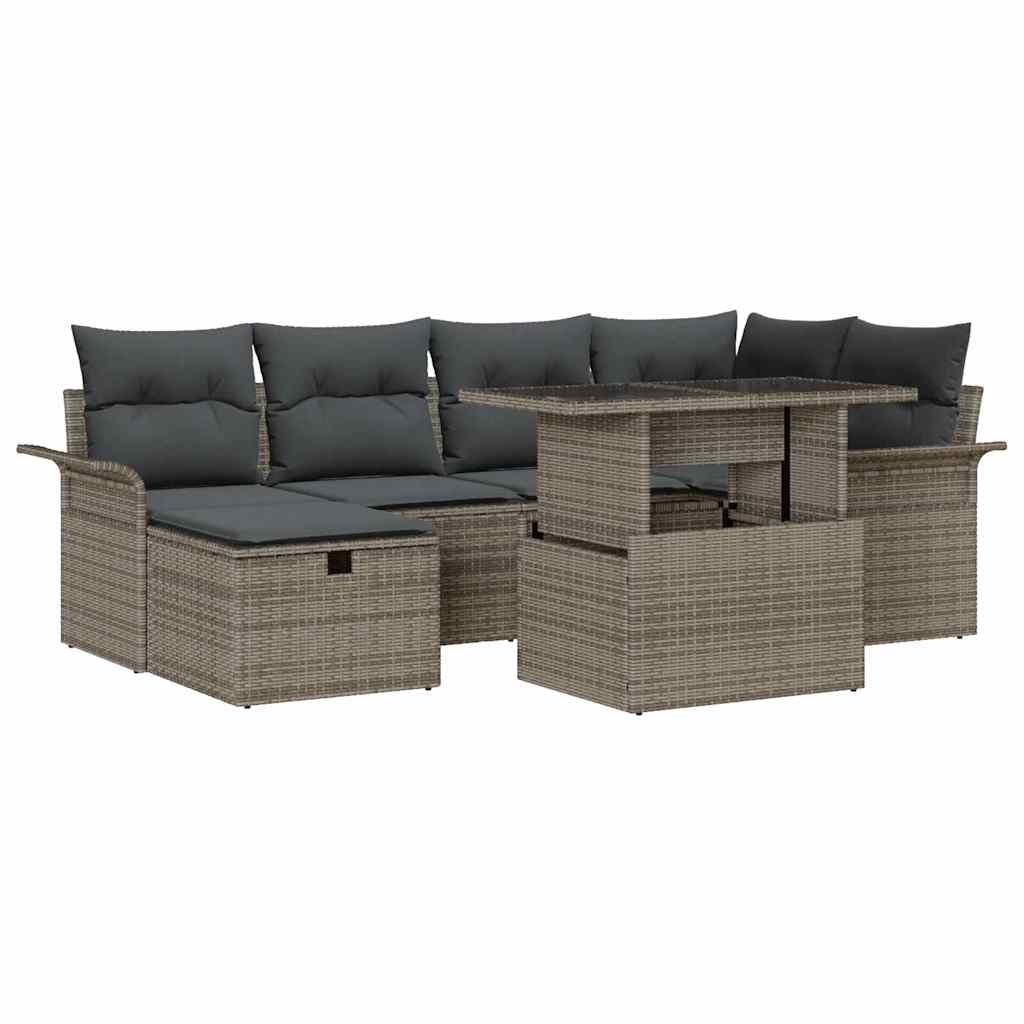 Gartensofa-set mit Kissen mit Speicher 7 pcs Grau Poly-Rattan