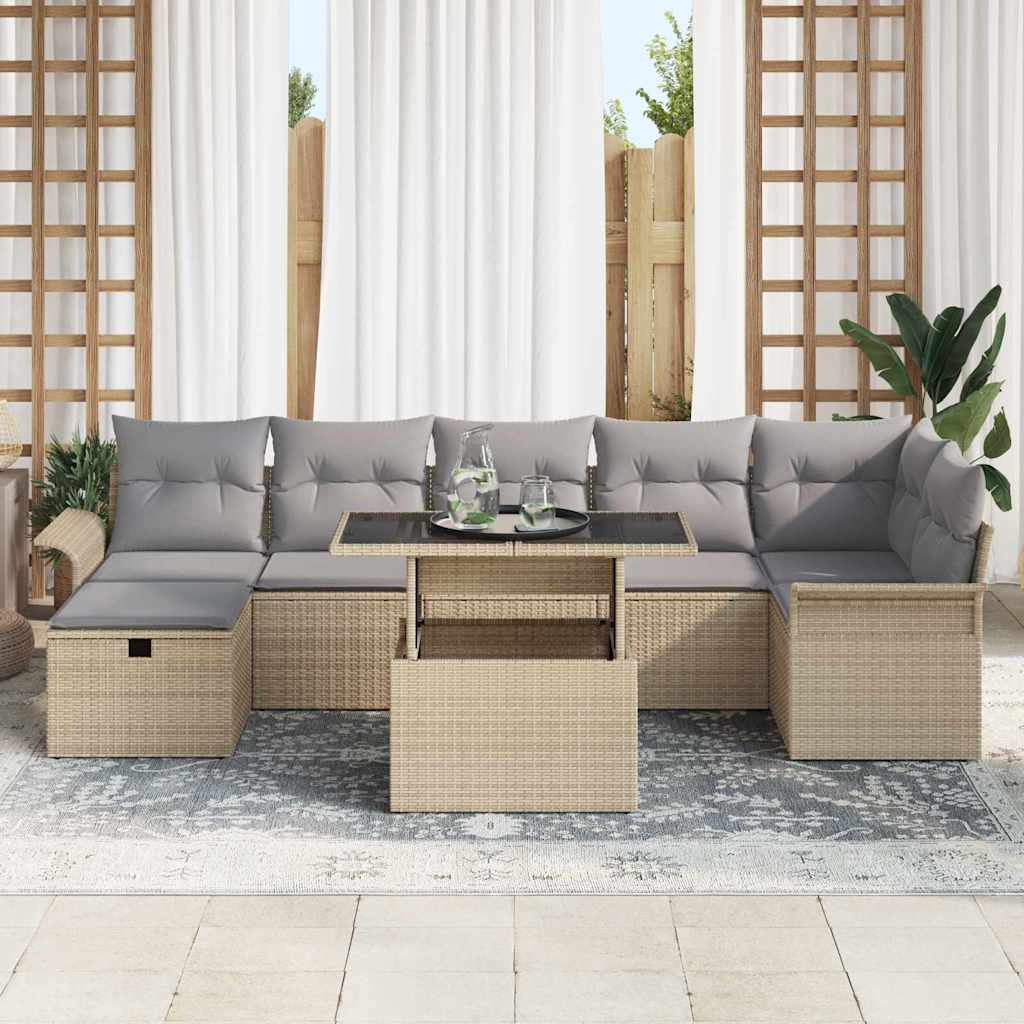 Garten-Sofa-Set mit Kissen mit Speicher 8 pcs Beige Poly Rattan