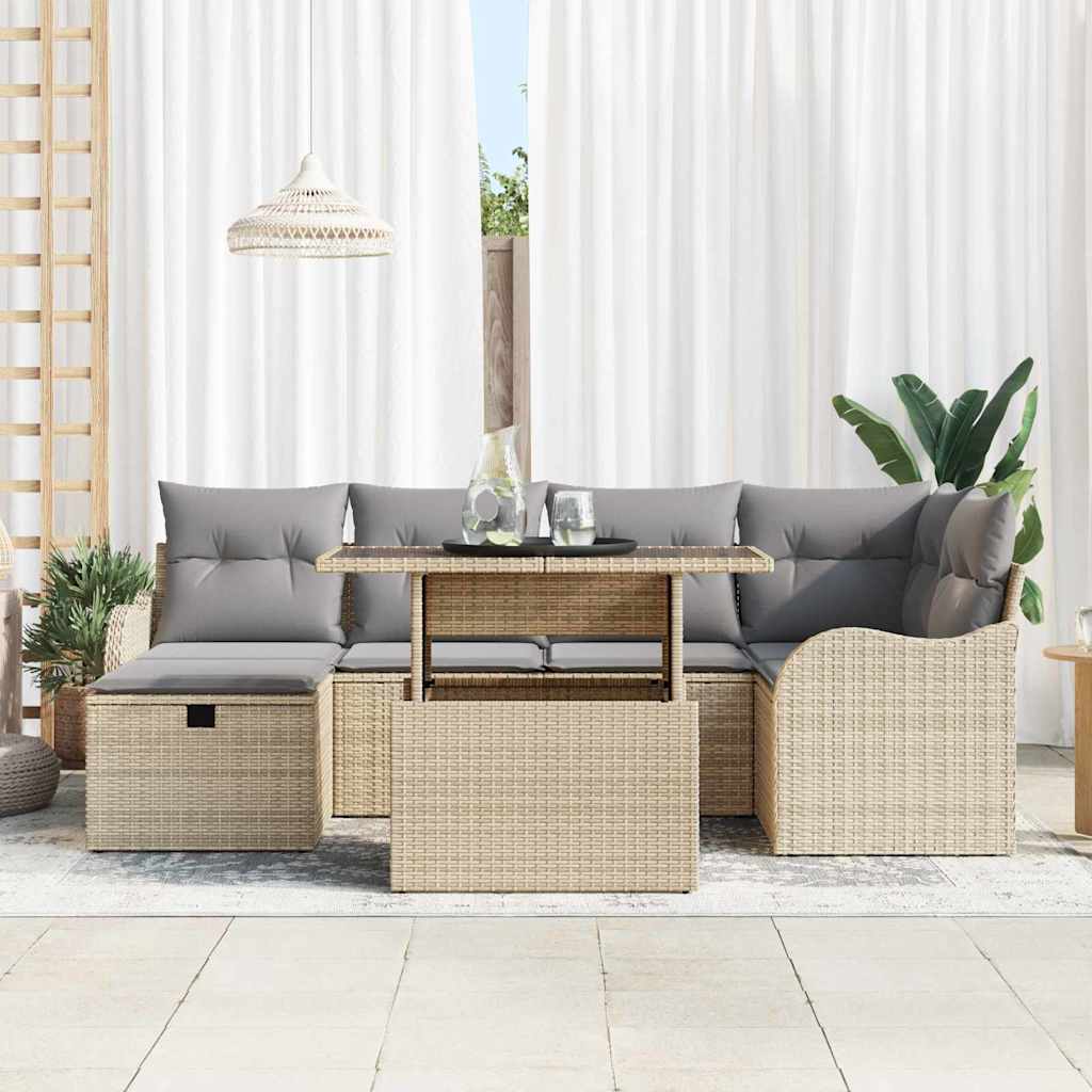 Garten-Sofa-Set mit Kissen mit Speicher 7 pcs Beige Poly Rattan