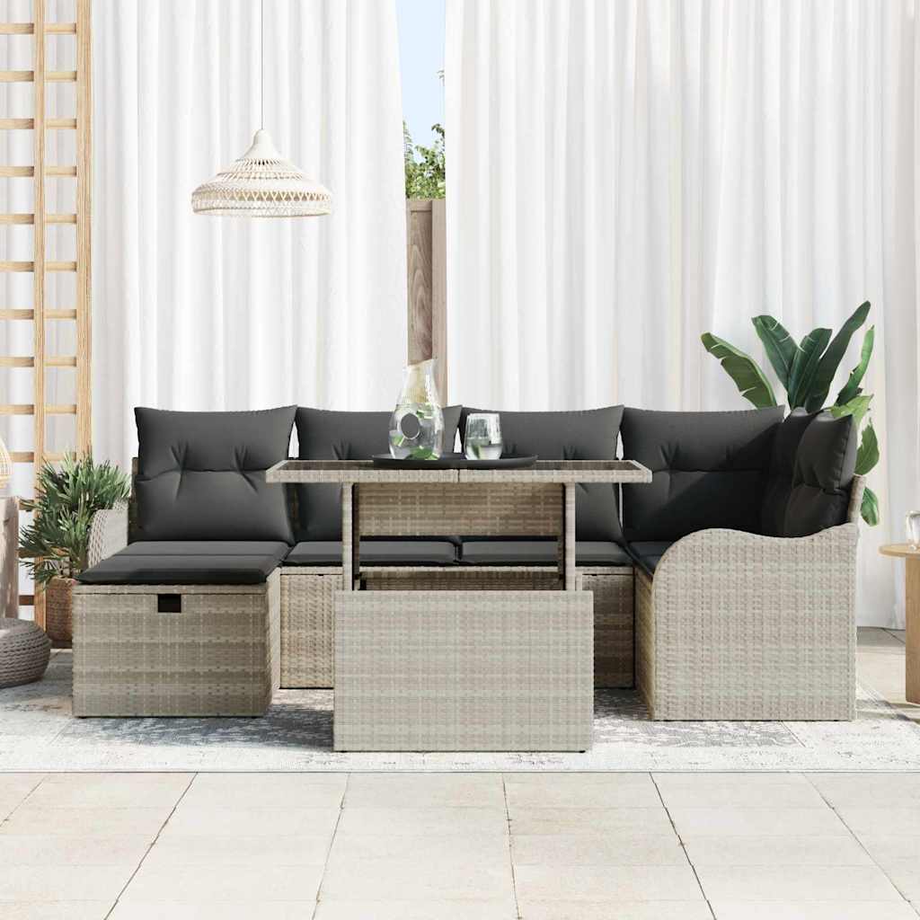 Garten-Sofa-Set mit Kissen 7 pcs Hellgrau Poly Rattan