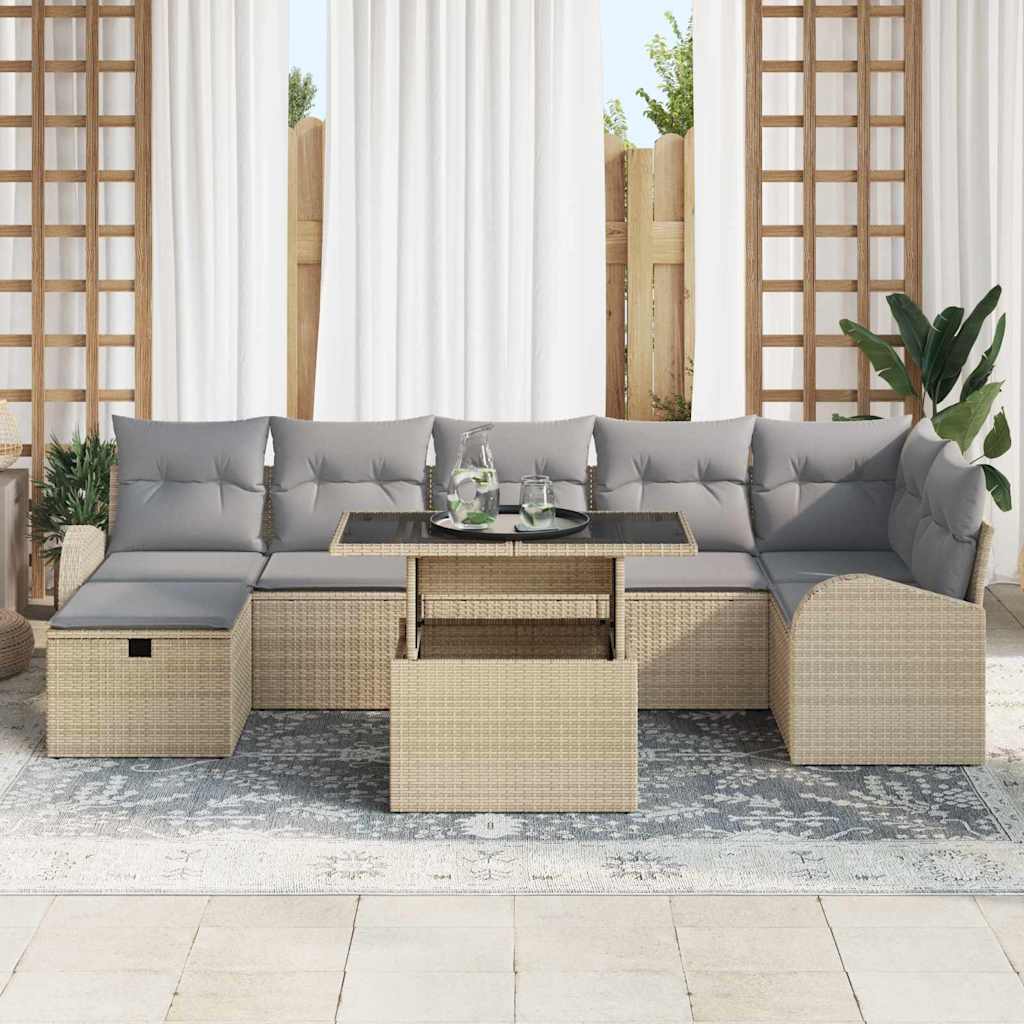 Garten-Sofa-Set mit Kissen mit Speicher 8 pcs Beige Poly Rattan