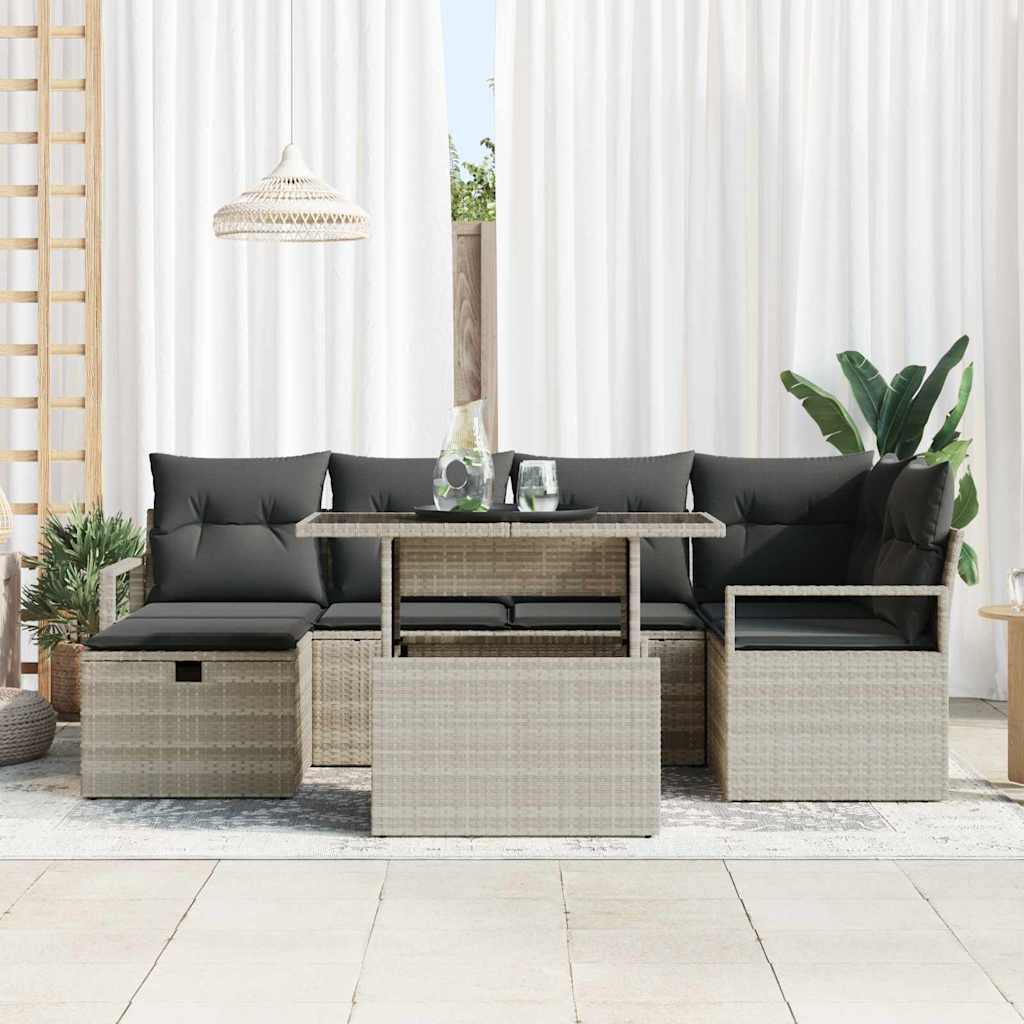 Garten-Sofa-Set mit Kissen 7 pcs Hellgrau Poly Rattan