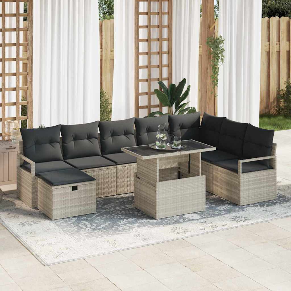 Garten-Sofa-Set mit Kissen 9 pcs Hellgrau Poly Rattan