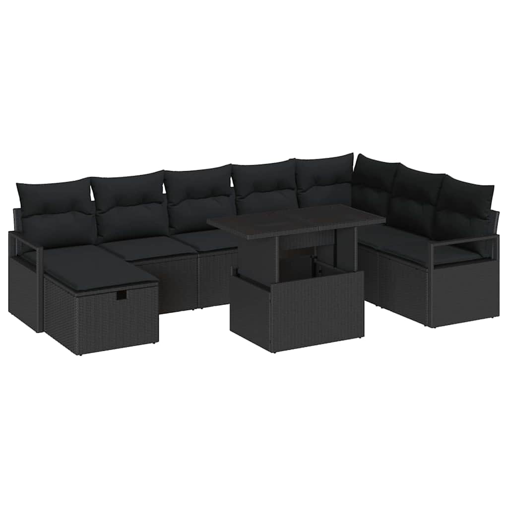 Garten-Sofa-Set mit Kissen 9 pcs Schwarz Poly Rattan