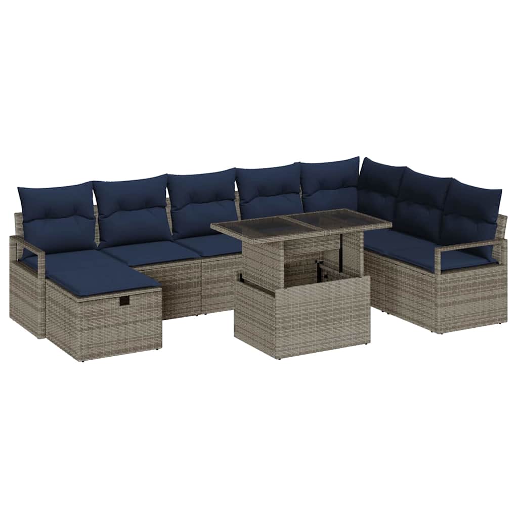 Garten-Sofa-Set mit Kissen mit Speicher 9 pcs Grau Poly Rattan