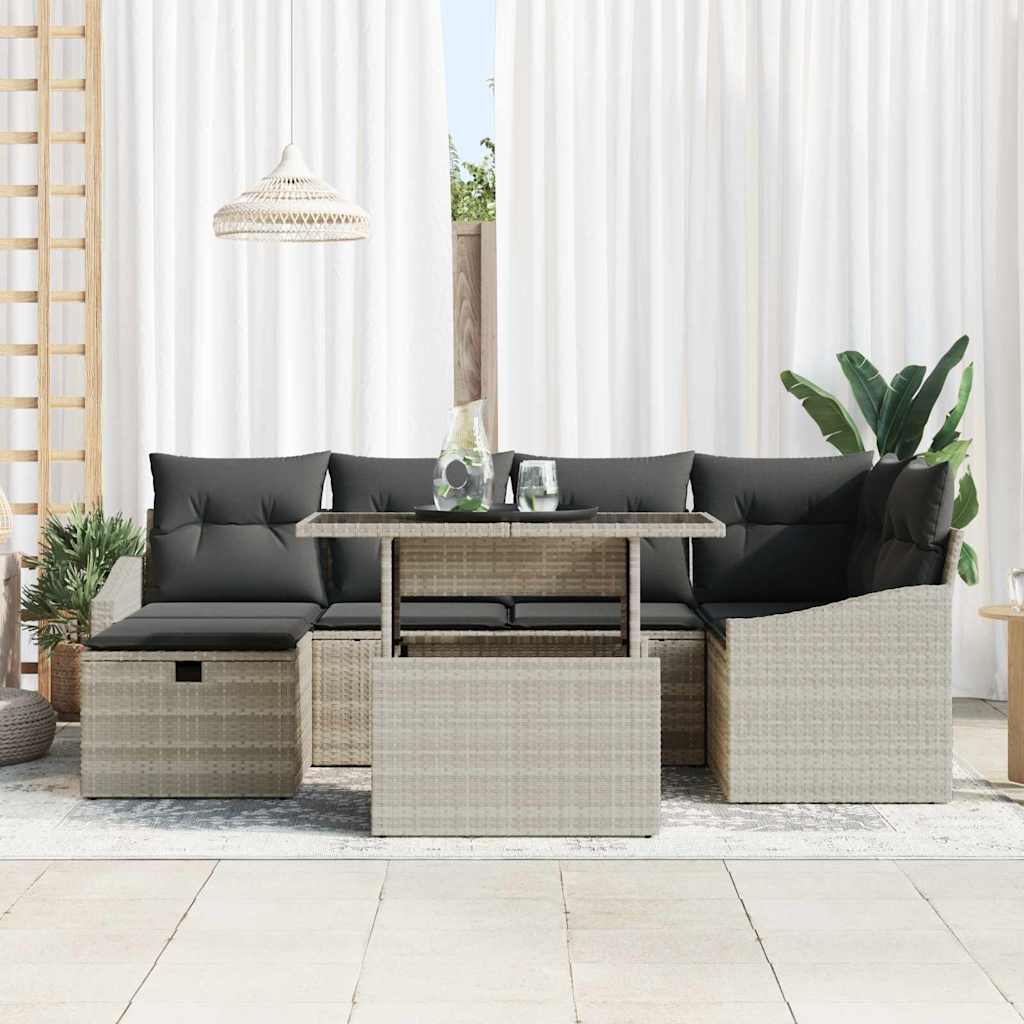 Garten-Sofa-Set mit Kissen 7 pcs Hellgrau Poly Rattan