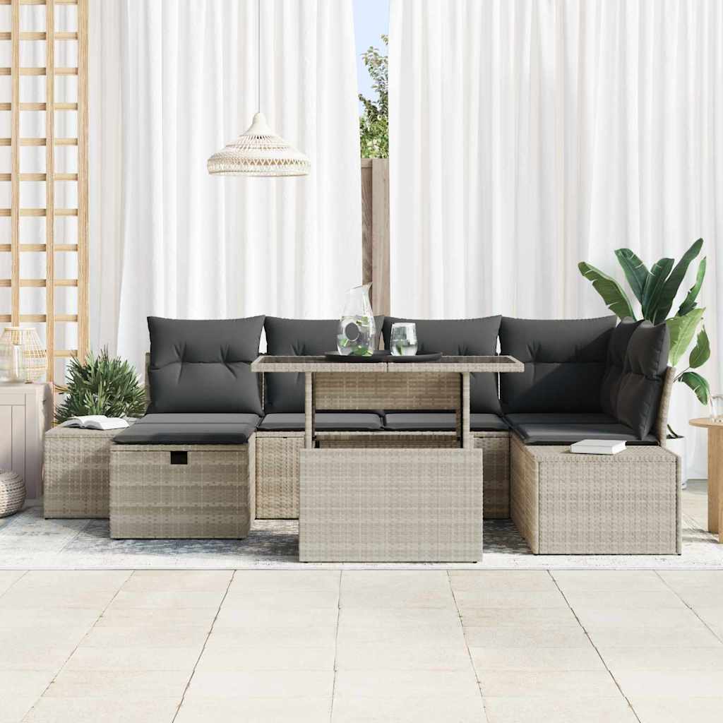 Garten-Sofa-Set mit Kissen 7 pcs Hellgrau Poly Rattan