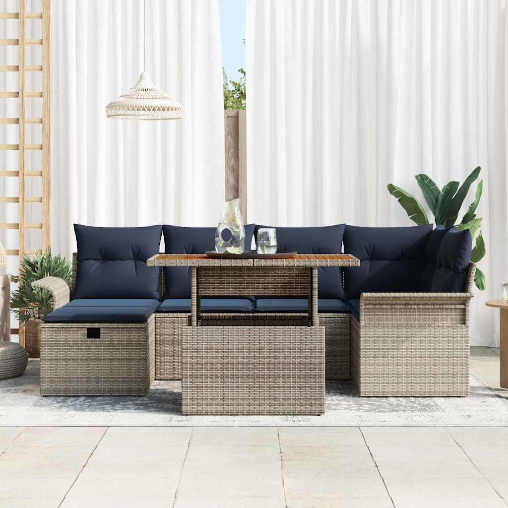 Gartensofa-set mit Kissen mit Speicher 7 pcs Grau Poly-Rattan