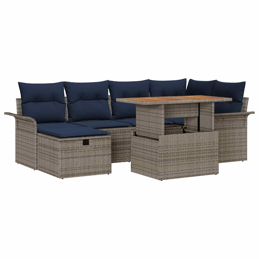 Gartensofa-set mit Kissen mit Speicher 7 pcs Grau Poly-Rattan
