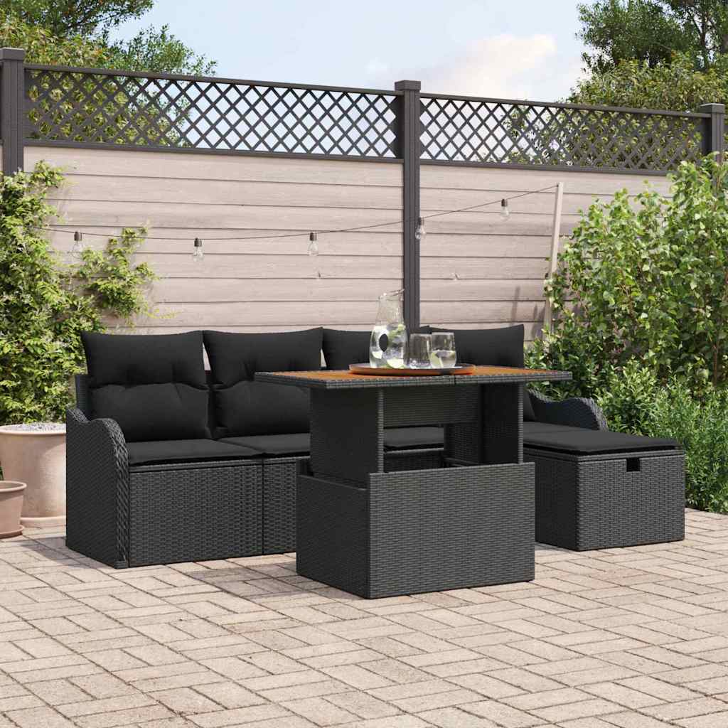 Gartensofa-set mit Kissen 6 pcs Schwarz Poly-Rattan