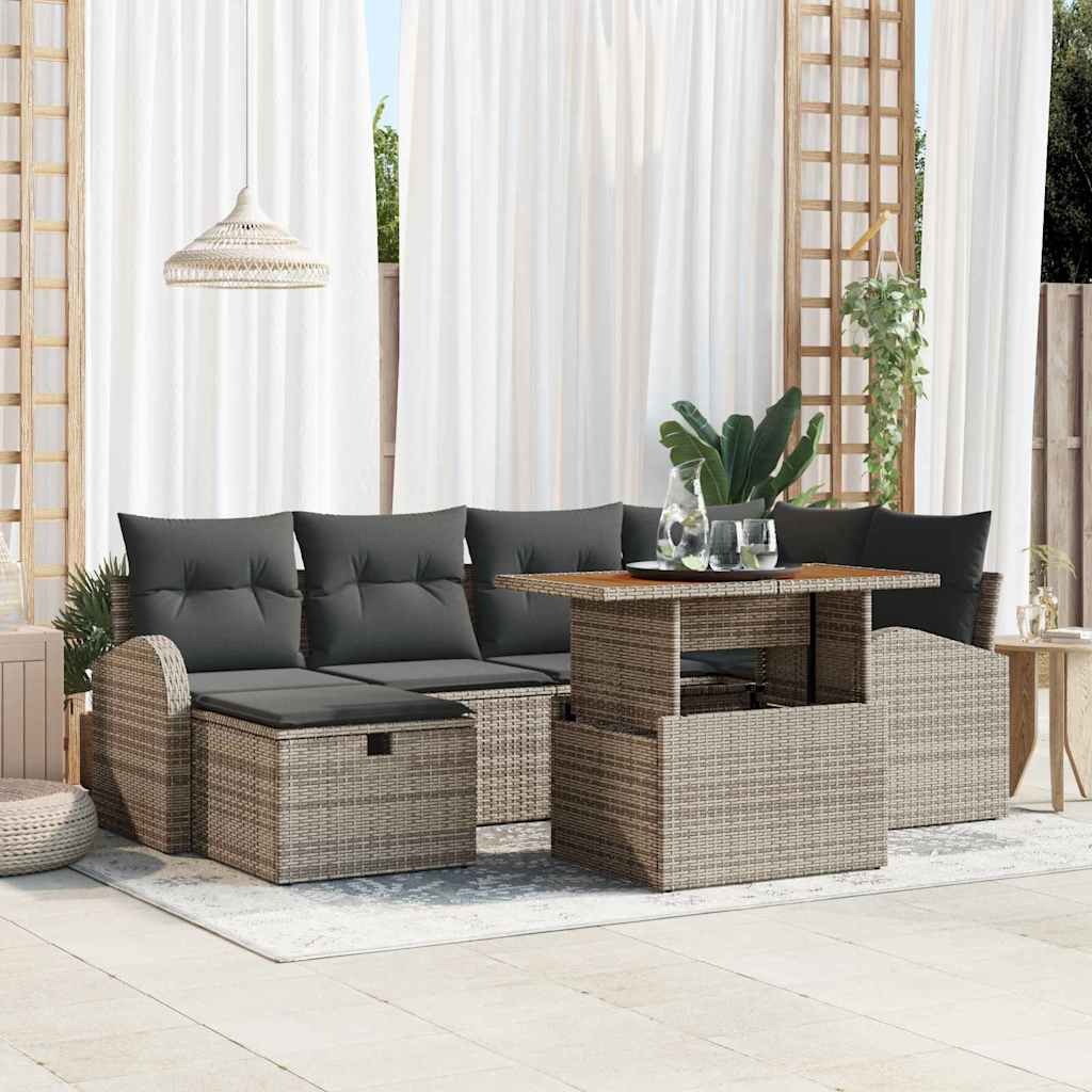Gartensofa-set mit Kissen mit Speicher 7 pcs Grau Poly-Rattan
