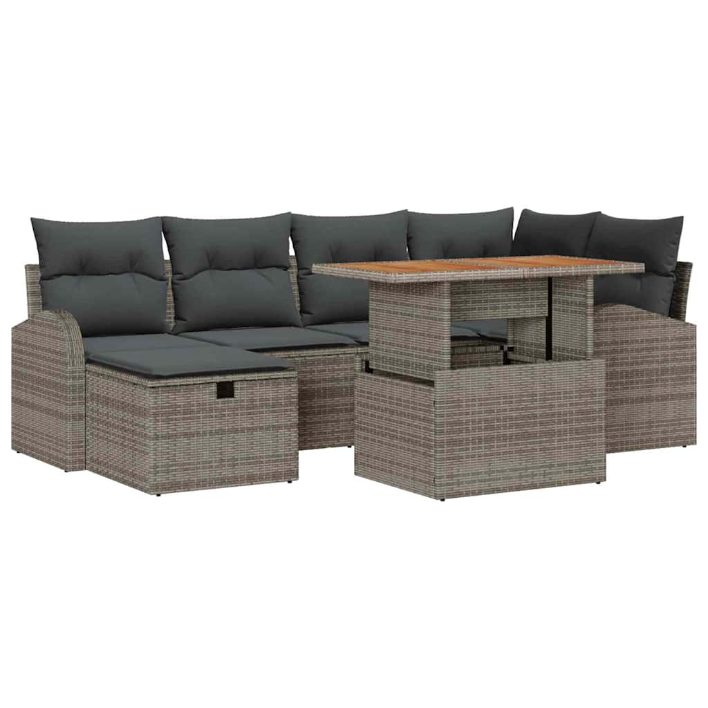Gartensofa-set mit Kissen mit Speicher 7 pcs Grau Poly-Rattan
