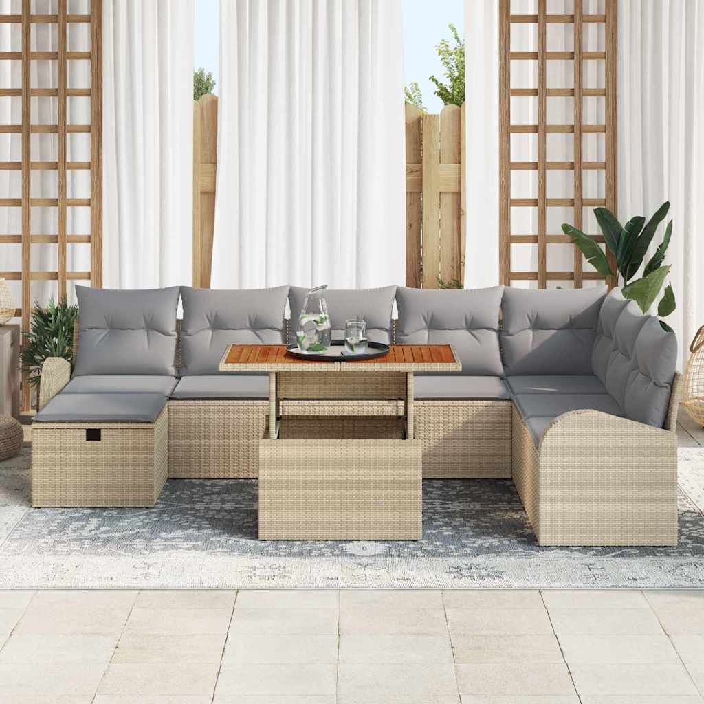 Gartensofa-set mit Kissen mit Speicher 9 pcs Beige Poly-Rattan