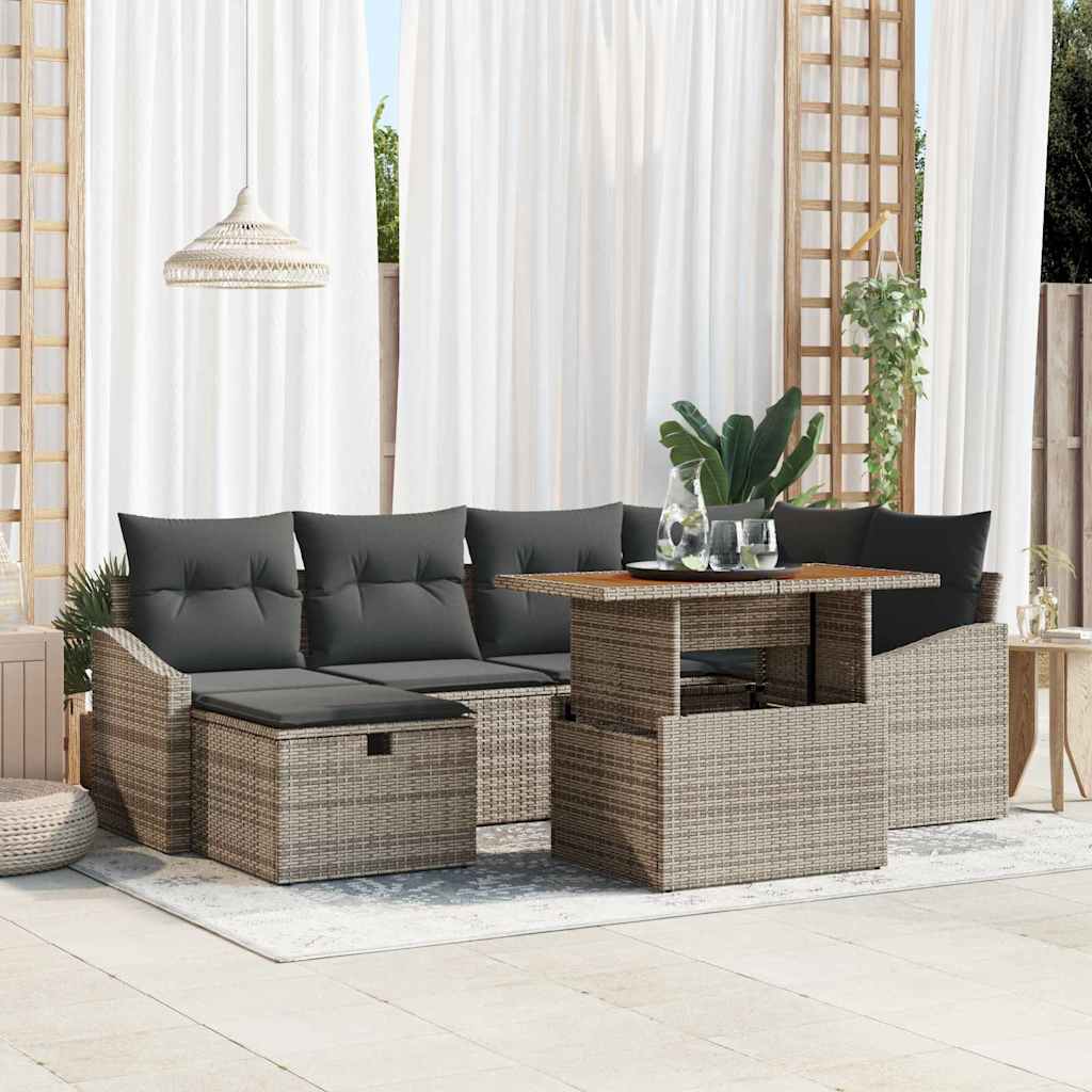 Gartensofa-set mit Kissen mit Speicher 7 pcs Grau Poly-Rattan