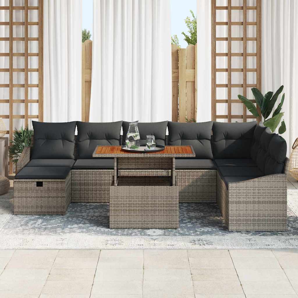 Gartensofa-set mit Kissen mit Speicher 9 pcs Grau Poly-Rattan
