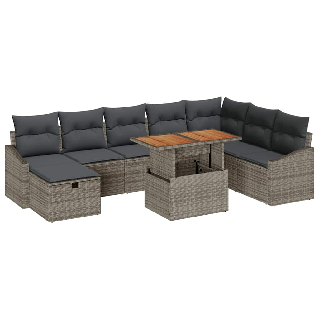 Gartensofa-set mit Kissen mit Speicher 9 pcs Grau Poly-Rattan