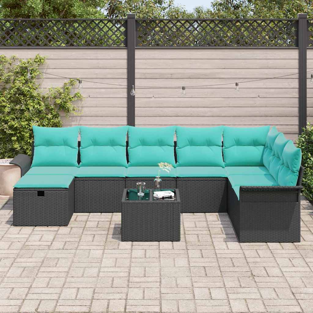 Garten-Sofa-Set mit Kissen 9 pcs Schwarz Poly Rattan