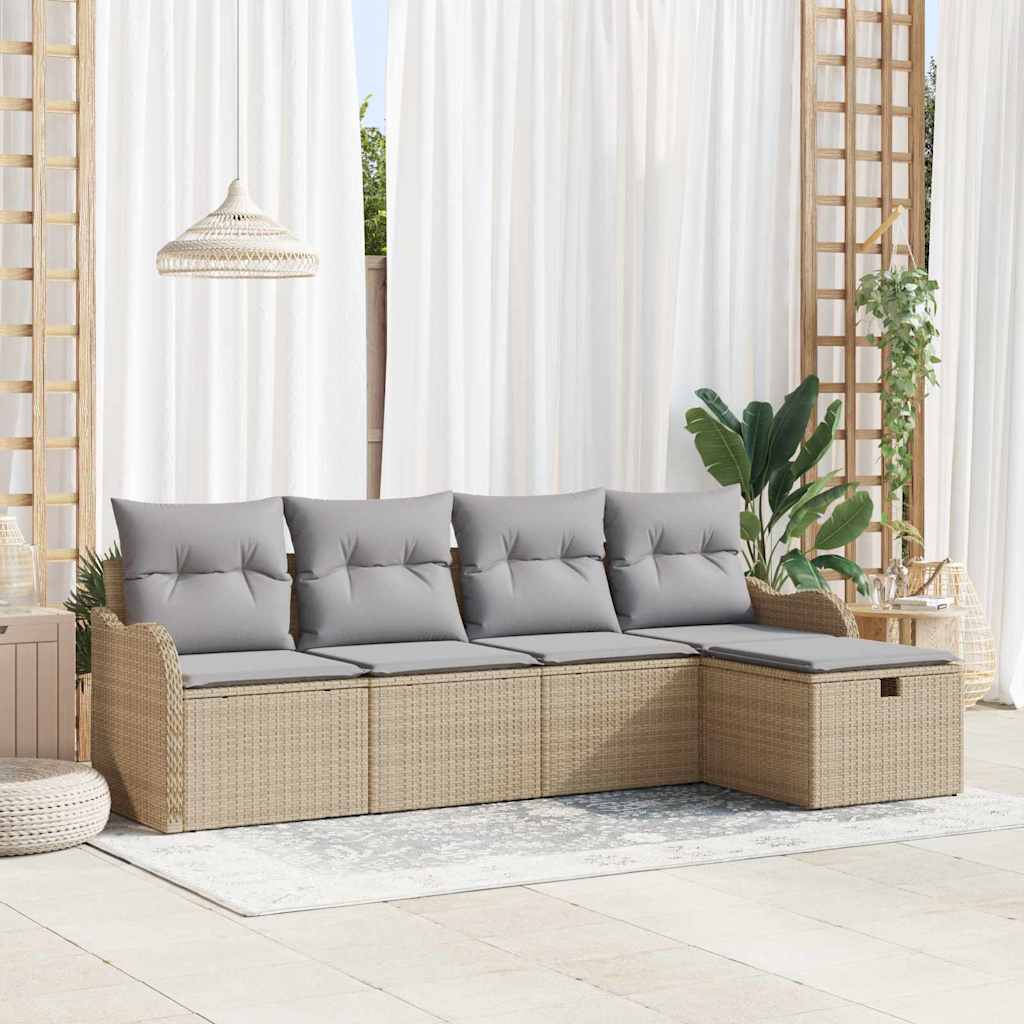 Garten-Sofa-Set mit Kissen mit Speicher 5 pcs Beige Poly Rattan