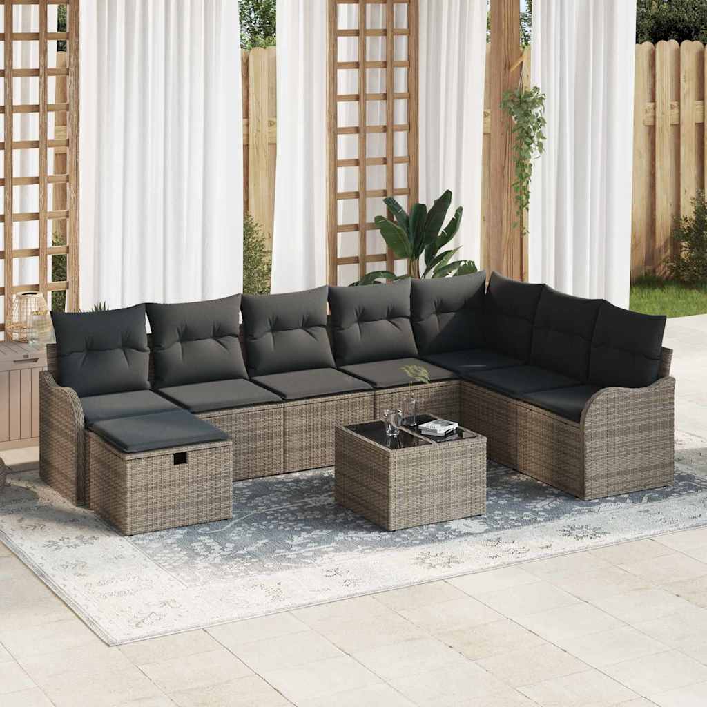 Garten-Sofa-Set mit Kissen mit Speicher 9 pcs Grau Poly Rattan