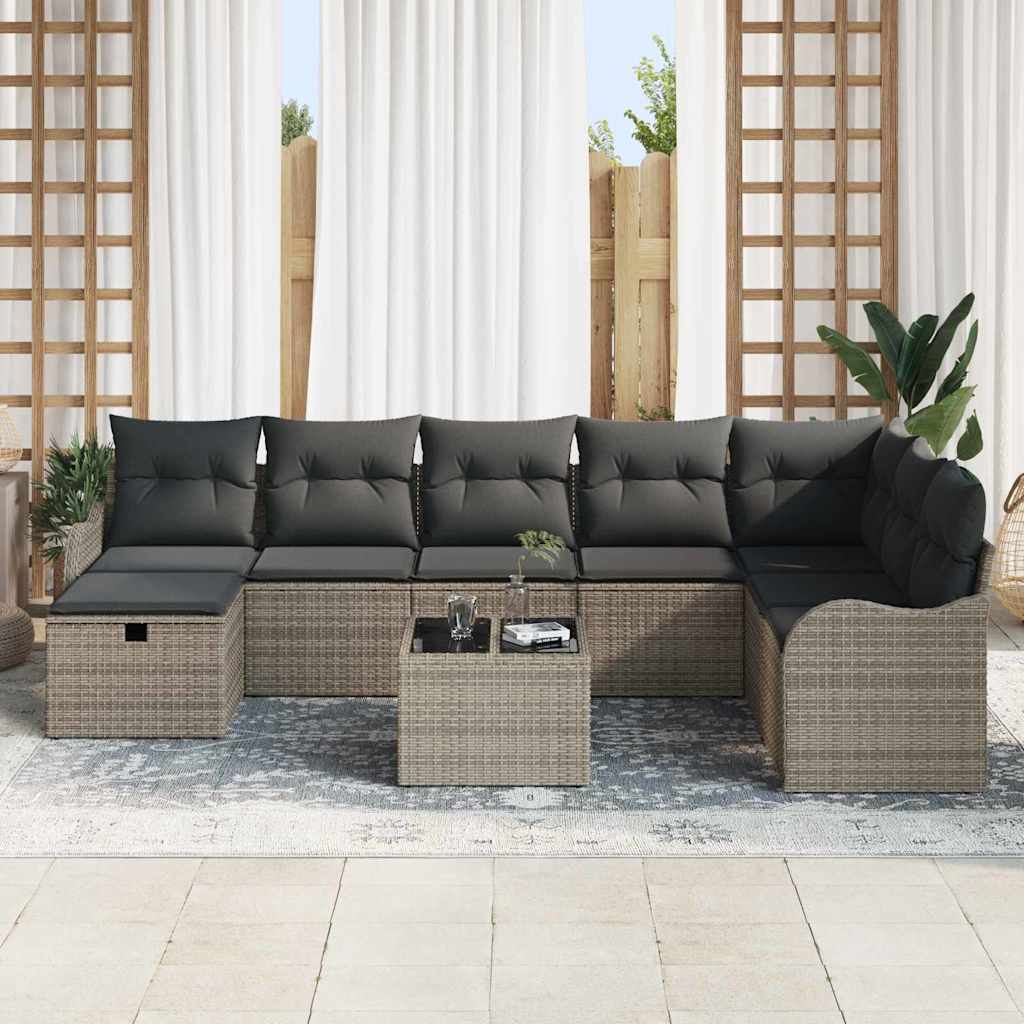 Garten-Sofa-Set mit Kissen mit Speicher 9 pcs Grau Poly Rattan