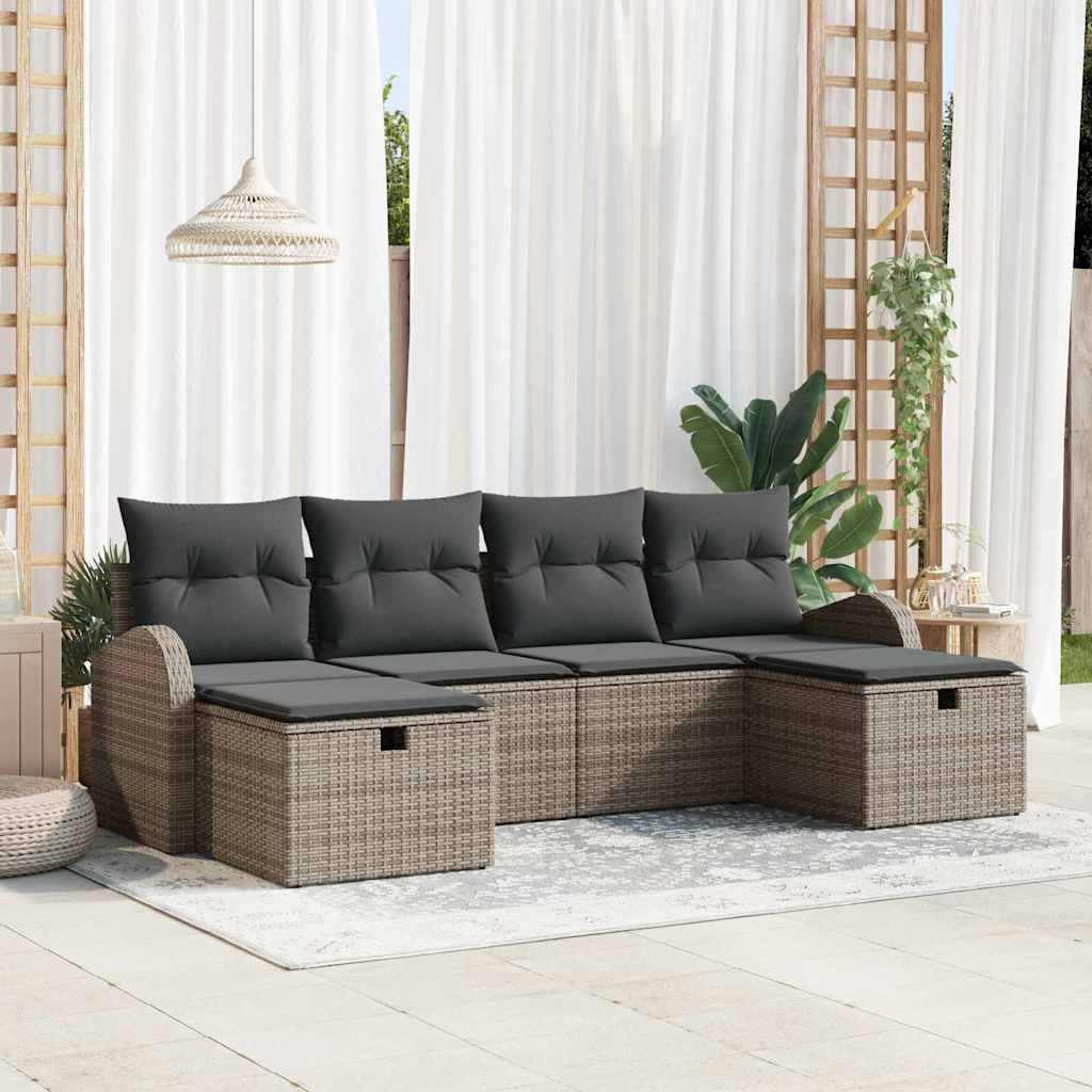 Gartensofa-set mit Kissen mit Speicher 6 pcs Grau Poly-Rattan