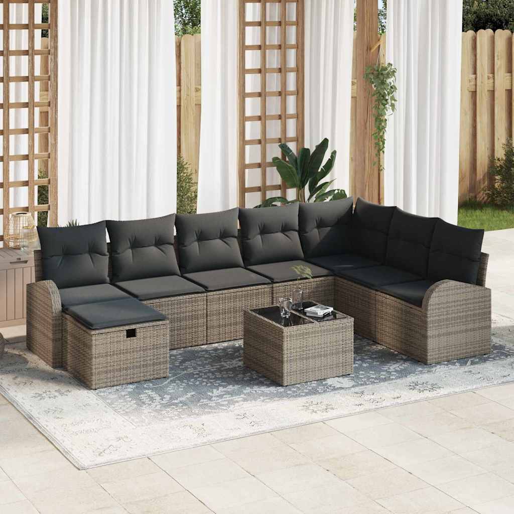 Garten-Sofa-Set mit Kissen mit Speicher 9 pcs Grau Poly Rattan
