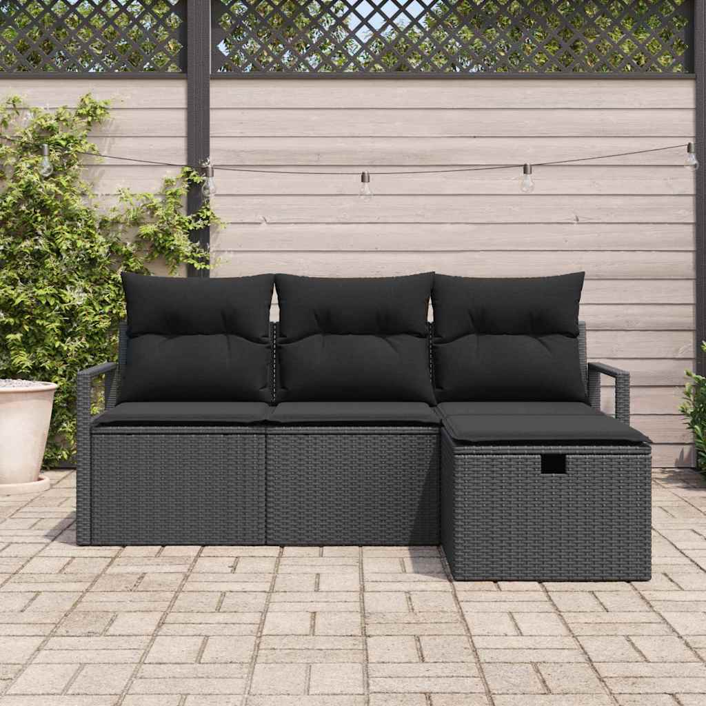 Garten-Sofa-Set mit Kissen 4 pcs Schwarz Poly Rattan